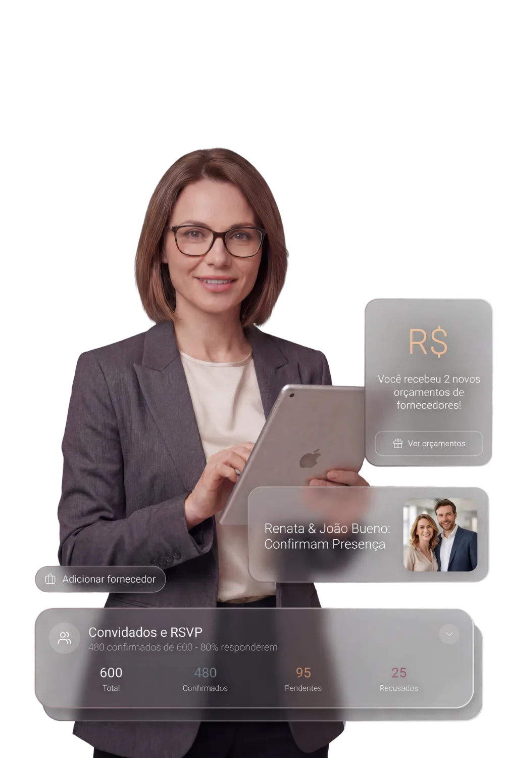 Assessora de eventos usando a Plannifier em um tablet